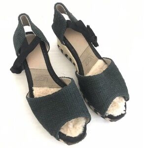 UGG | Women Size 6 Black Espedrille Wedge Sandals Ankle Tie Peep Toe Heel